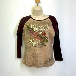 Harley Davidson - Hawkeye Coralville Iowa Floral Baseball Harley Davidson T Med